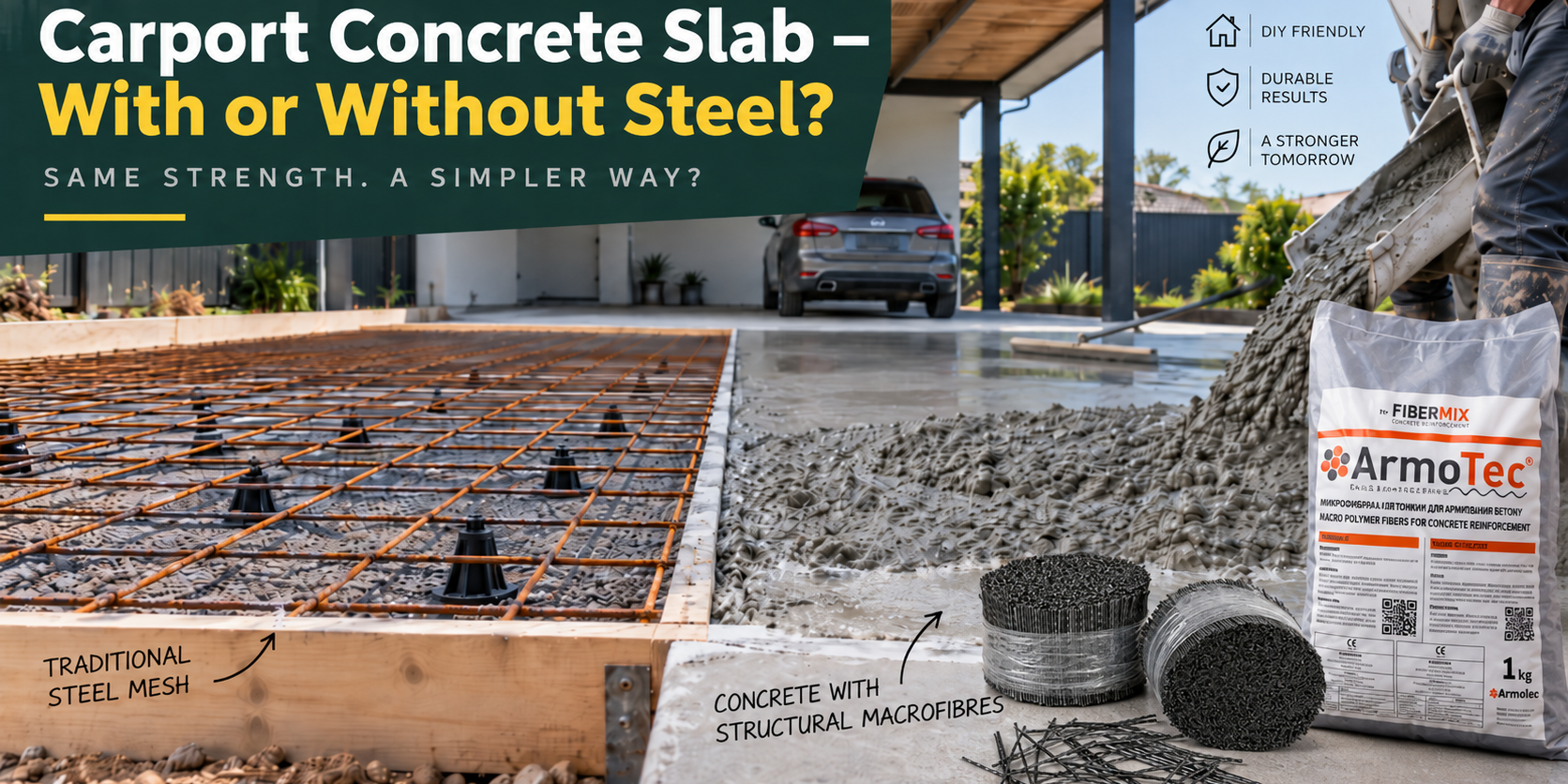 Betonplatte für einen Carport ohne Stahlmatten unter Verwendung von ArmoTec-Makrofasern zur Betonbewehrung