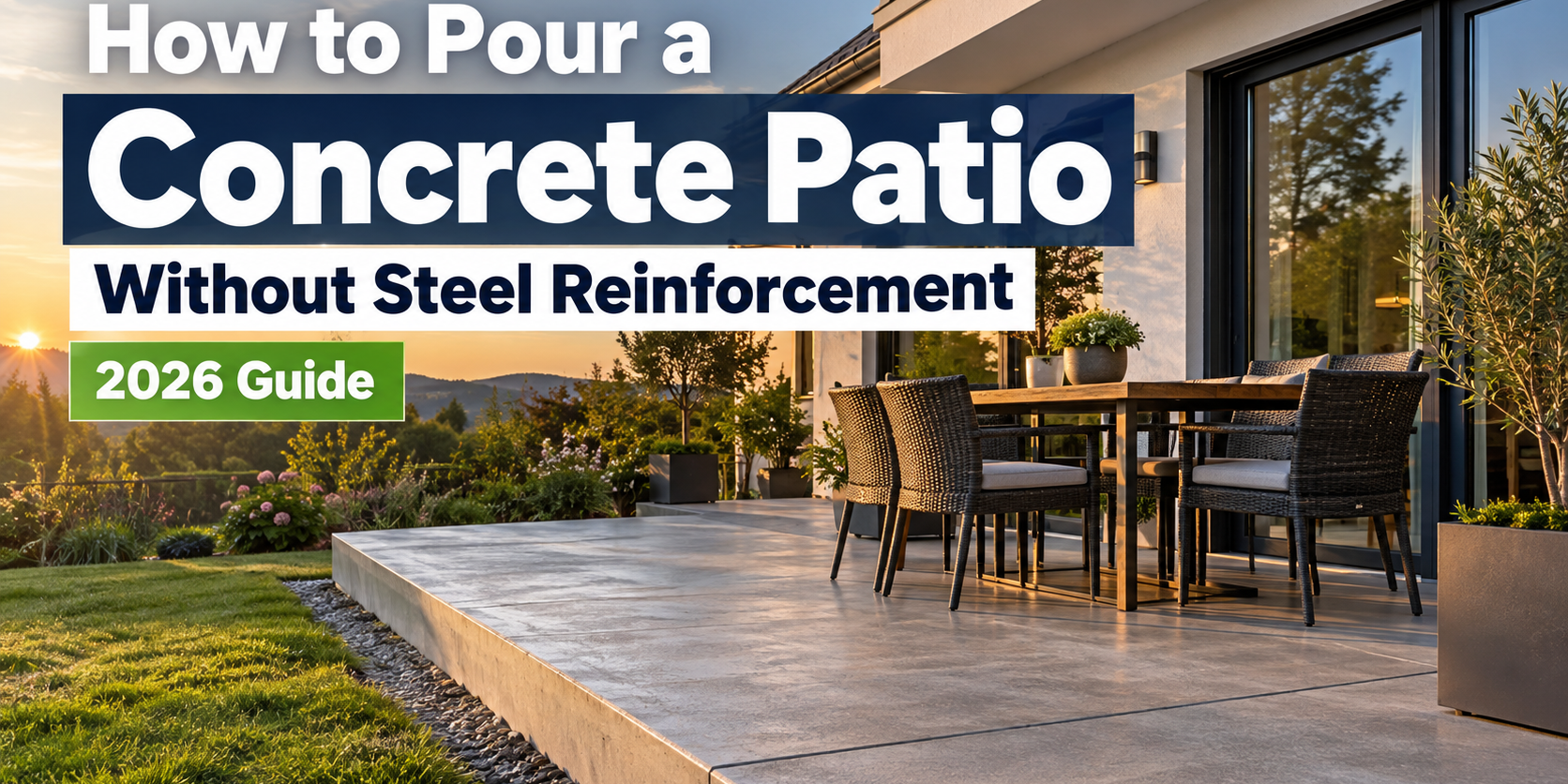 Concrete patio without steel reinforcement next to a modern family home – 2026 guide