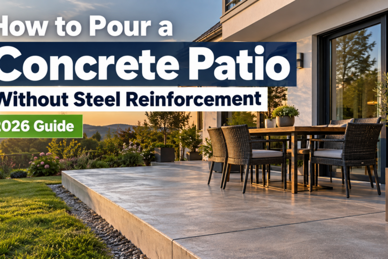 Concrete patio without steel reinforcement next to a modern family home – 2026 guide