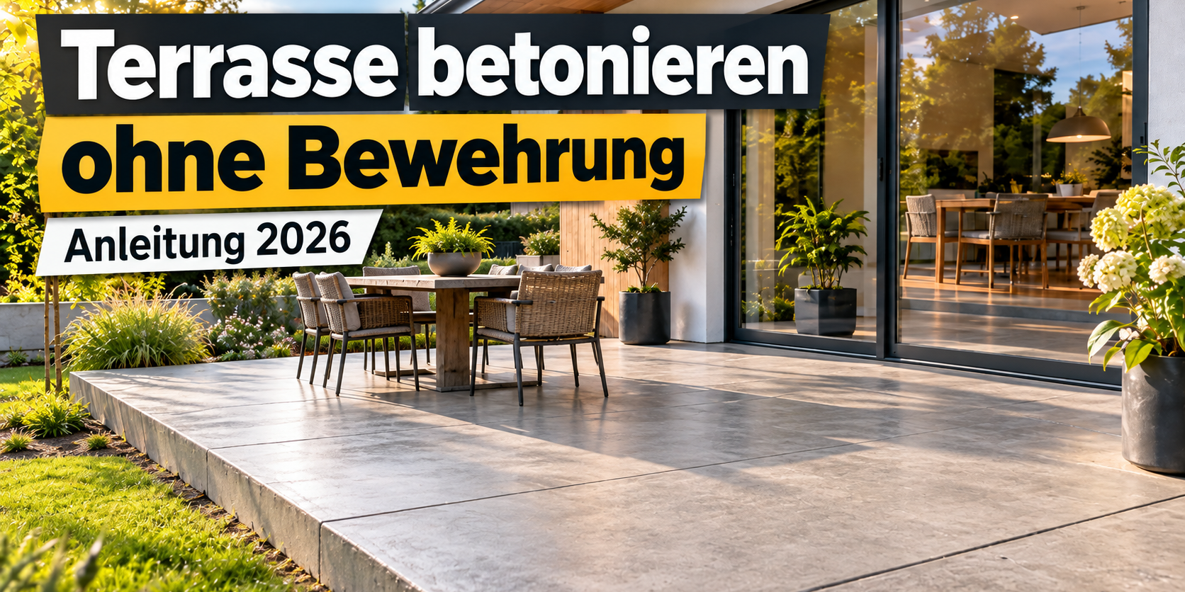 Betonterrasse ohne Stahlbewehrung an einem modernen Einfamilienhaus – Anleitung 2026