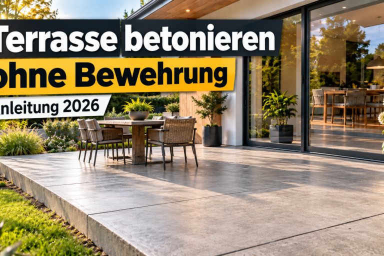 Betonterrasse ohne Stahlbewehrung an einem modernen Einfamilienhaus – Anleitung 2026
