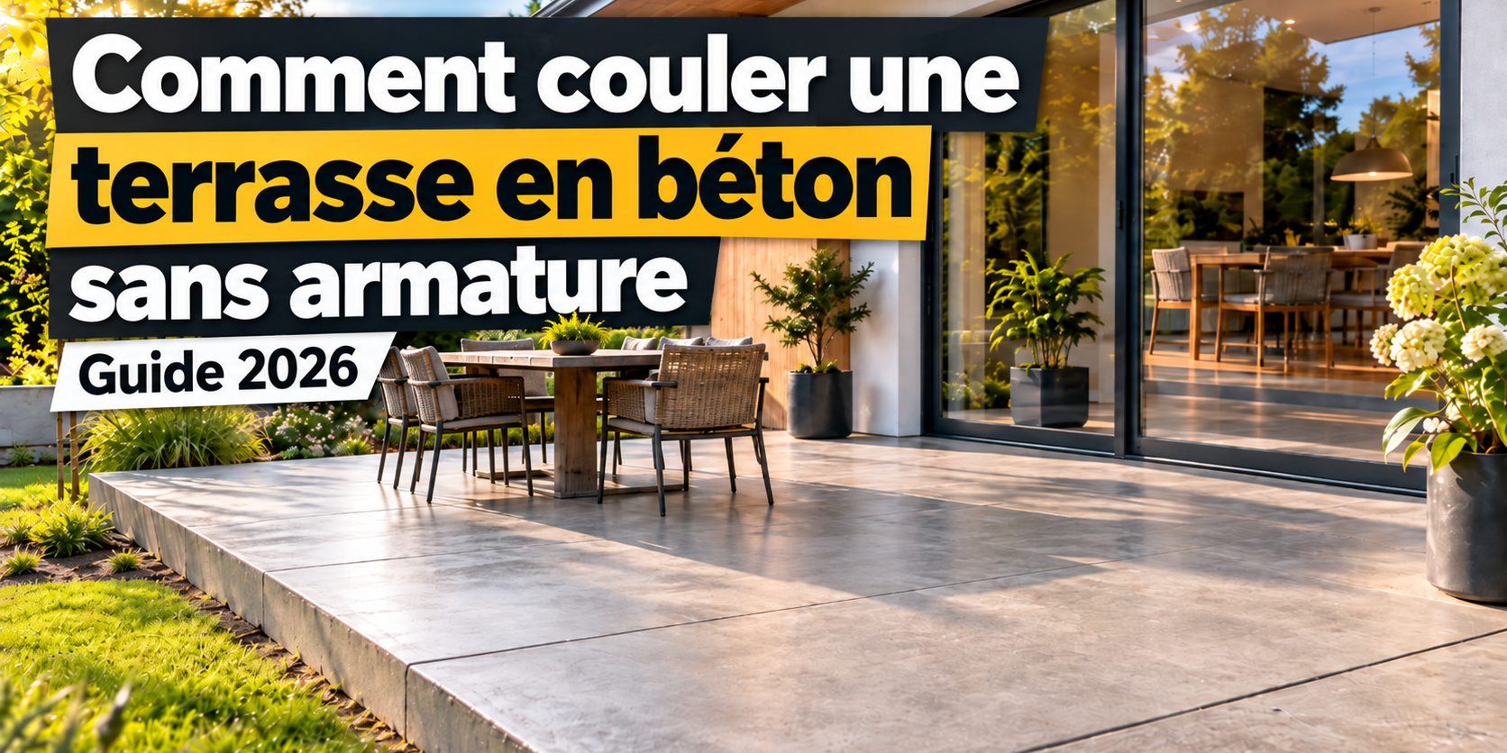 Terrasse en béton sans armature devant une maison moderne – guide 2026