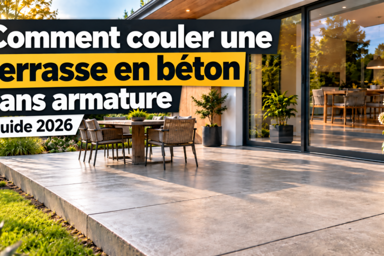 Terrasse en béton sans armature devant une maison moderne – guide 2026