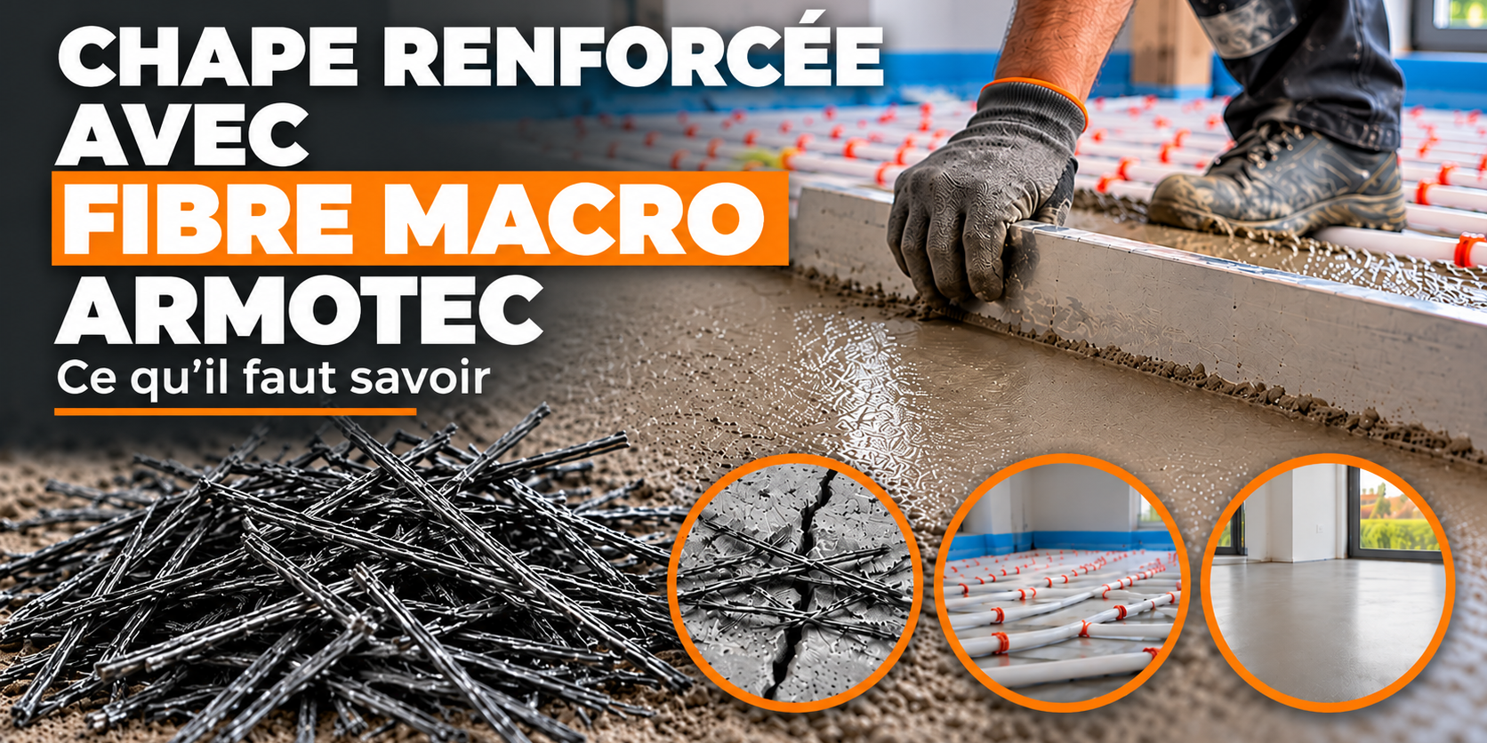 Chape renforcée avec des macrofibres structurelles ArmoTec – pose d'une chape fibrée sur un chauffage au sol pour améliorer la résistance à la fissuration.