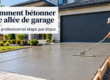 Allée de garage en béton fraîchement coulée devant une maison, avec un ouvrier réalisant la finition du béton.