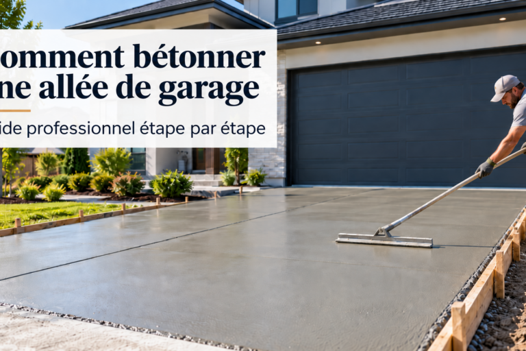 Allée de garage en béton fraîchement coulée devant une maison, avec un ouvrier réalisant la finition du béton.