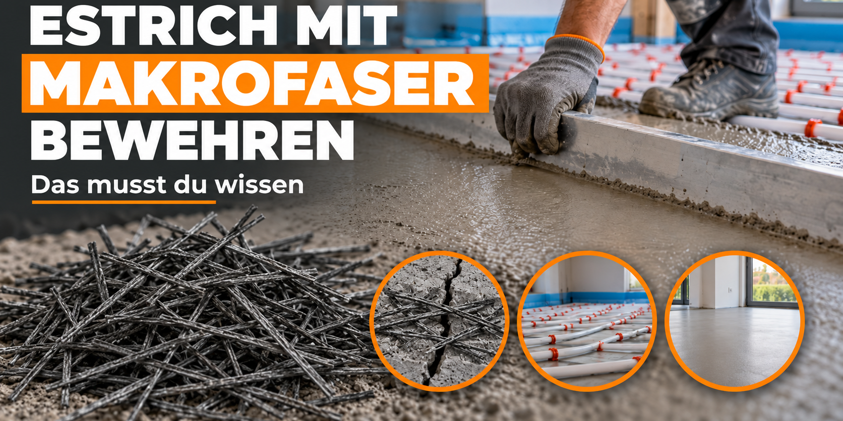 Estrich mit ArmoTec Makrofasern bewehren – faserverstärkter Estrich mit Fußbodenheizung beim Einbau.
