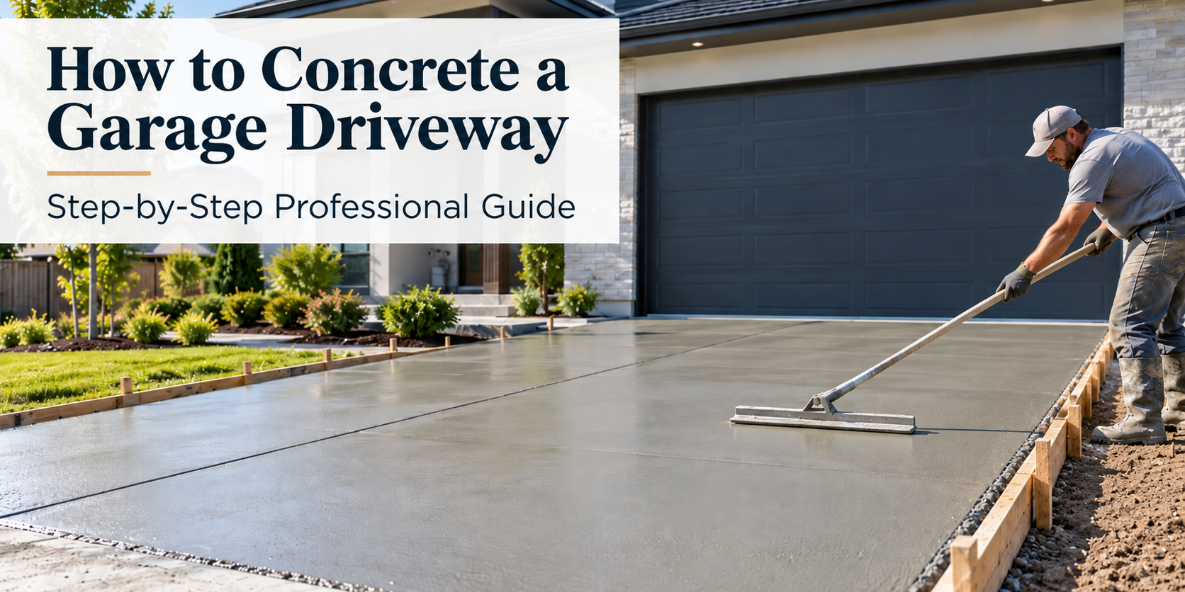 Fresh concrete garage driveway in front of a modern house, with a worker smoothing the surface and the text “How to Concrete a Garage Driveway – Step-by-Step Professional Guide
