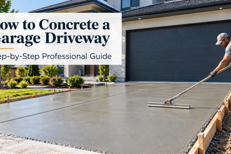 Fresh concrete garage driveway in front of a modern house, with a worker smoothing the surface and the text “How to Concrete a Garage Driveway – Step-by-Step Professional Guide