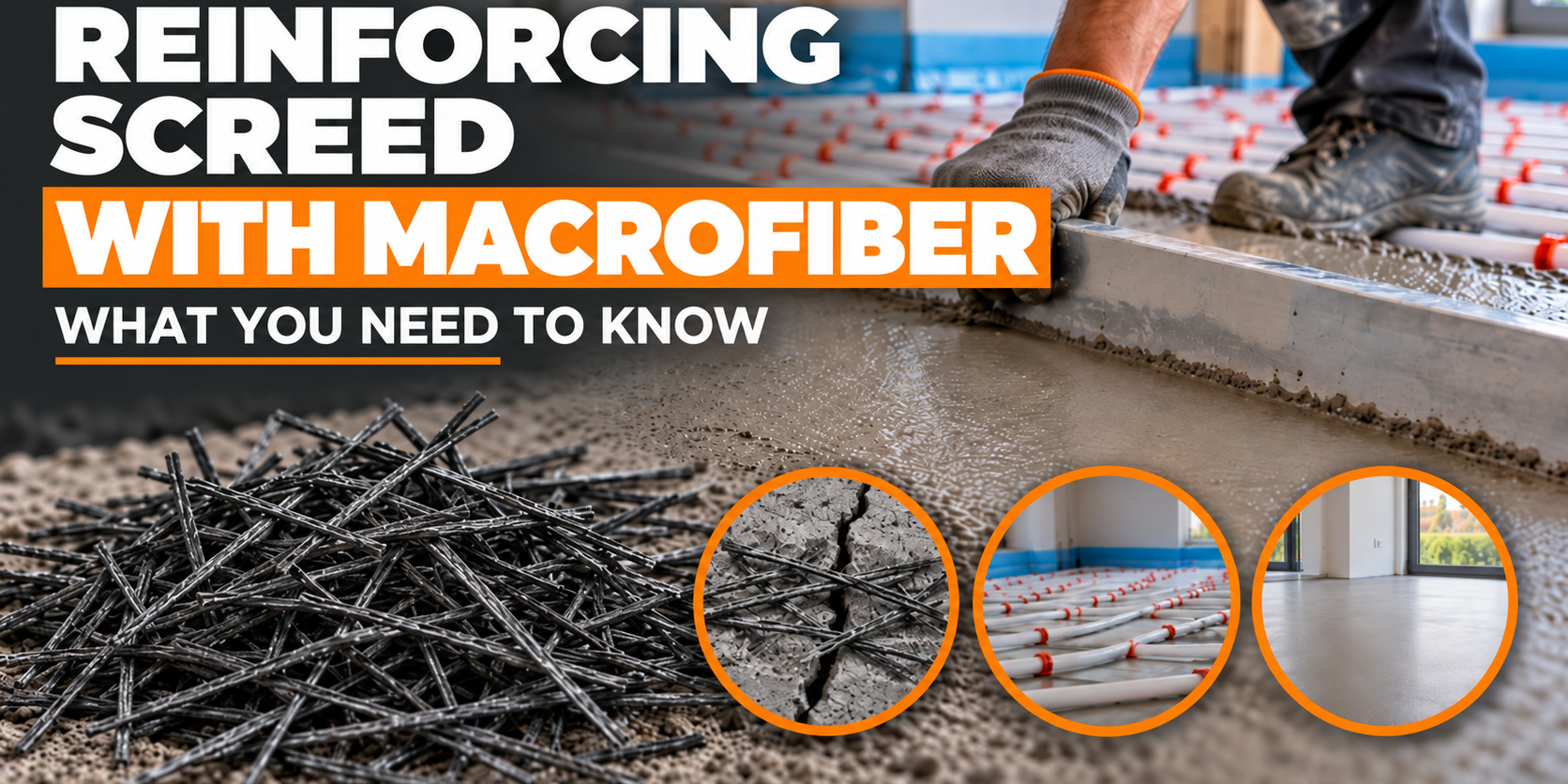 reinforcing-screed-with-armotec-macrofiber Reinforcing floor screed with ArmoTec structural macrofibers – installation over underfloor heating pipes for improved crack resistance.